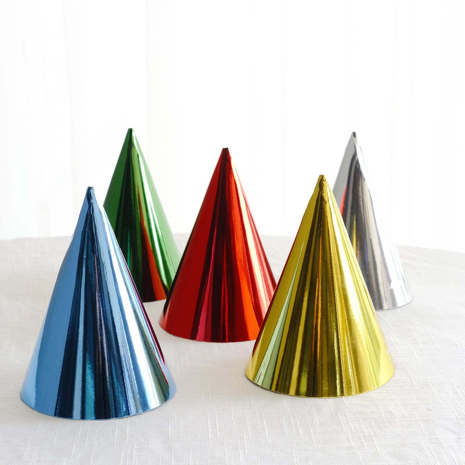 25 Pack Mixed Metallic Foil Cone Party Hats, Pre - Strung Paper Birthday Hats - 5"x7" - Bell Racket Store