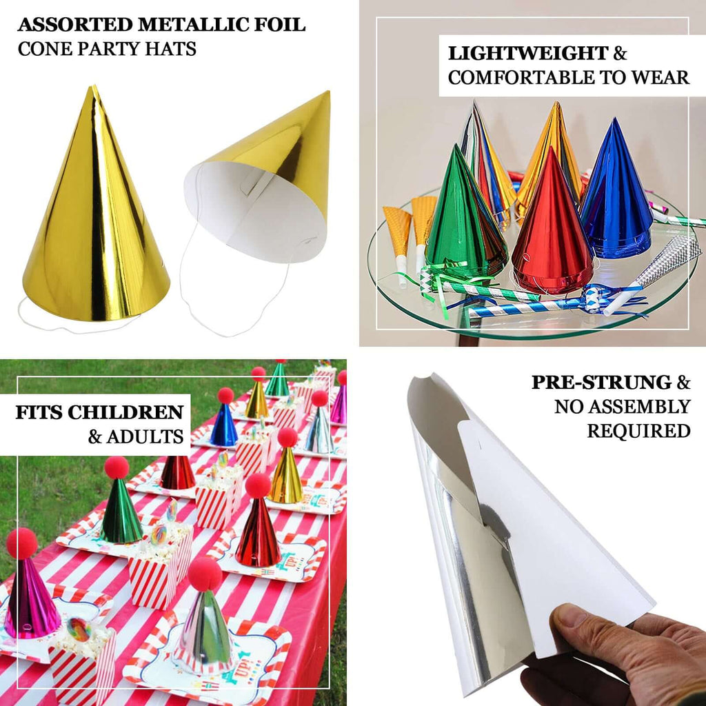 25 Pack Mixed Metallic Foil Cone Party Hats, Pre - Strung Paper Birthday Hats - 5"x7" - Bell Racket Store
