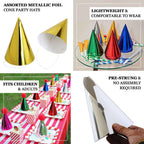 25 Pack Mixed Metallic Foil Cone Party Hats, Pre - Strung Paper Birthday Hats - 5"x7" - Bell Racket Store