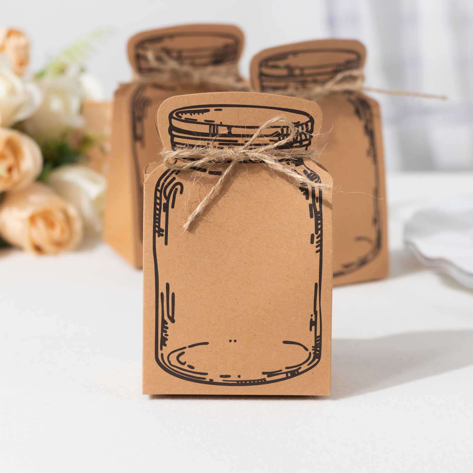 25 Pack Natural Mini Mason Jar Shaped Paper Party Favor Boxes With Jute Rope Ties, Candy Gift Boxes - 5"x3" - Bell Racket Store