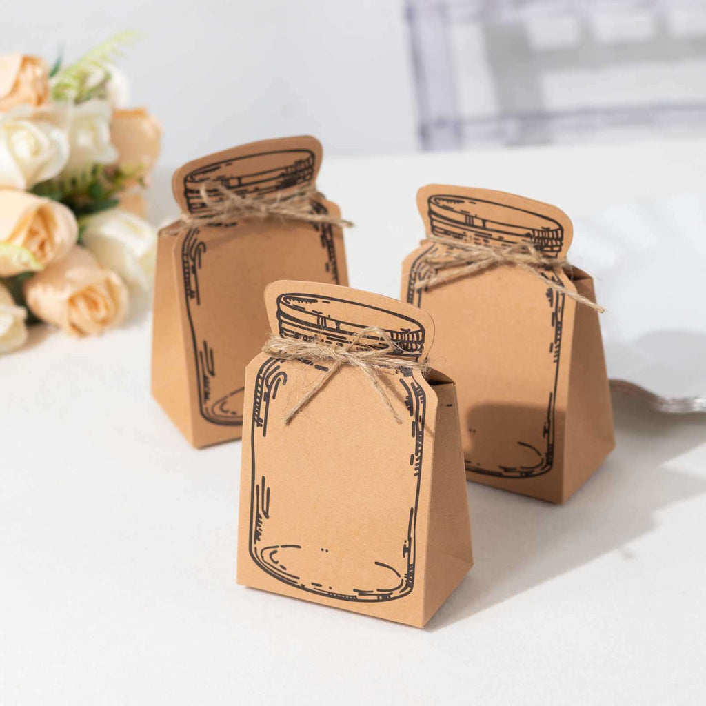 25 Pack Natural Mini Mason Jar Shaped Paper Party Favor Boxes With Jute Rope Ties, Candy Gift Boxes - 5"x3" - Bell Racket Store