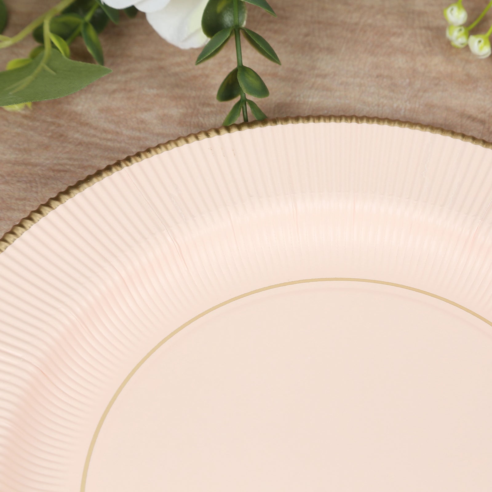 25 - Pack Paper 10" Round Dinner Plates in Blush Sunray Design with Gold Rim - Disposable Heavy Duty 350GSM Party Plates - Bell Racket Store