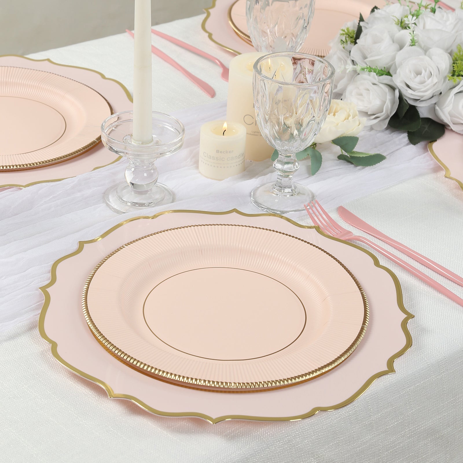 25 - Pack Paper 10" Round Dinner Plates in Blush Sunray Design with Gold Rim - Disposable Heavy Duty 350GSM Party Plates - Bell Racket Store