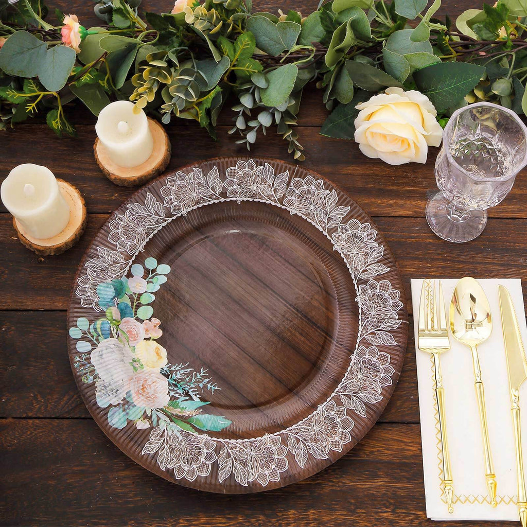 25 - Pack Paper 10" Round Dinner Plates in Brown Wood Print with Floral Lace Rim - Disposable Party Plates for Farmhouse Weddings & Rustic Themes - Bell Racket Store