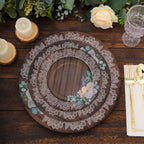 25 - Pack Paper 10" Round Dinner Plates in Brown Wood Print with Floral Lace Rim - Disposable Party Plates for Farmhouse Weddings & Rustic Themes - Bell Racket Store