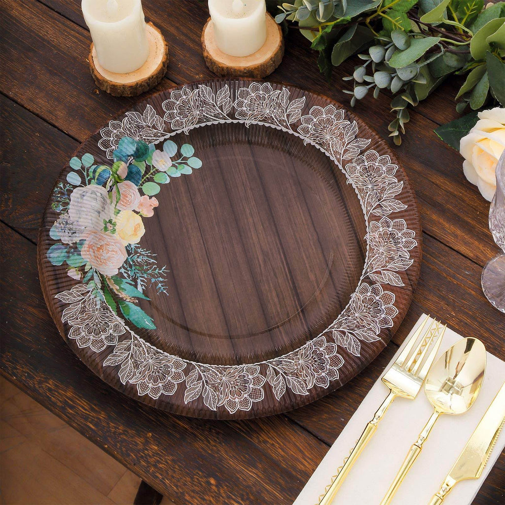 25 - Pack Paper 10" Round Dinner Plates in Brown Wood Print with Floral Lace Rim - Disposable Party Plates for Farmhouse Weddings & Rustic Themes - Bell Racket Store