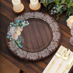 25 - Pack Paper 10" Round Dinner Plates in Brown Wood Print with Floral Lace Rim - Disposable Party Plates for Farmhouse Weddings & Rustic Themes - Bell Racket Store