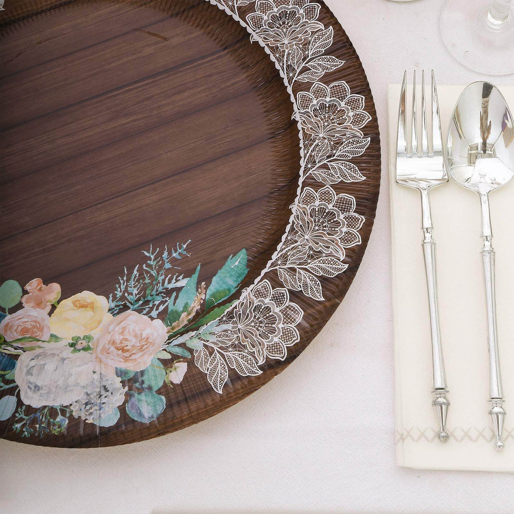 25 - Pack Paper 10" Round Dinner Plates in Brown Wood Print with Floral Lace Rim - Disposable Party Plates for Farmhouse Weddings & Rustic Themes - Bell Racket Store