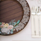 25 - Pack Paper 10" Round Dinner Plates in Brown Wood Print with Floral Lace Rim - Disposable Party Plates for Farmhouse Weddings & Rustic Themes - Bell Racket Store