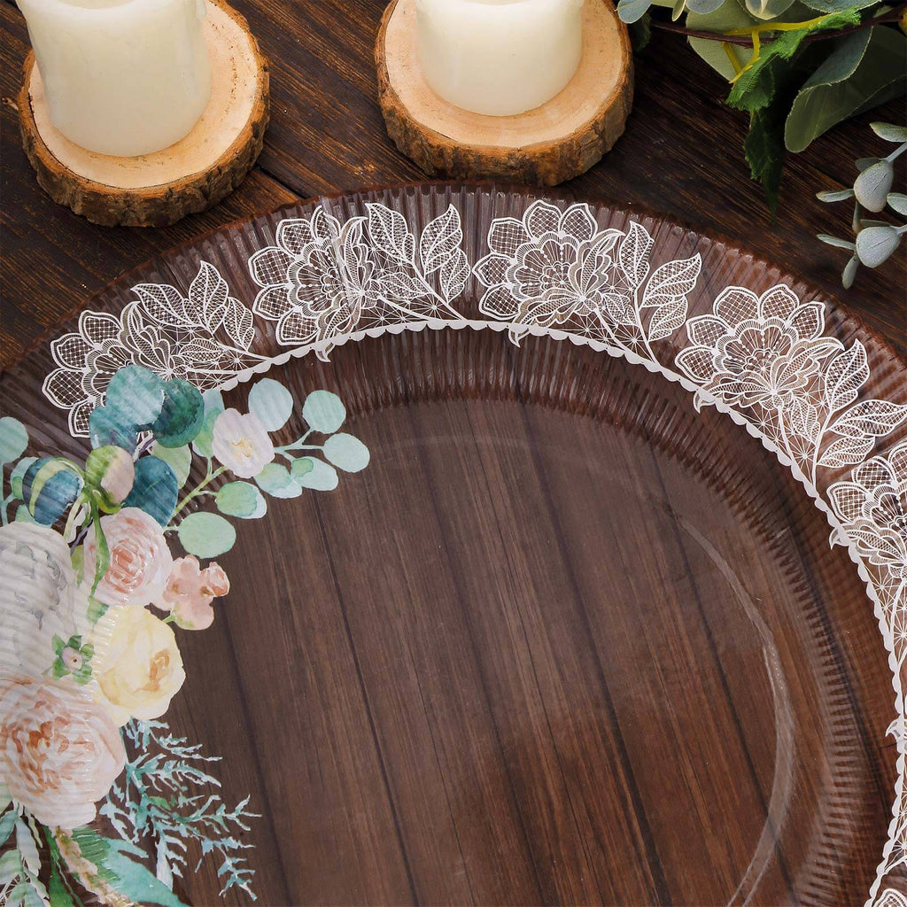 25 - Pack Paper 10" Round Dinner Plates in Brown Wood Print with Floral Lace Rim - Disposable Party Plates for Farmhouse Weddings & Rustic Themes - Bell Racket Store