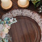 25 - Pack Paper 10" Round Dinner Plates in Brown Wood Print with Floral Lace Rim - Disposable Party Plates for Farmhouse Weddings & Rustic Themes - Bell Racket Store
