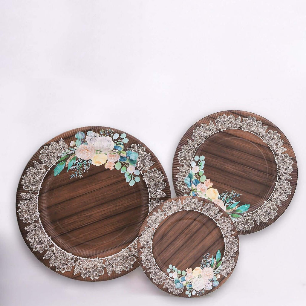 25 - Pack Paper 10" Round Dinner Plates in Brown Wood Print with Floral Lace Rim - Disposable Party Plates for Farmhouse Weddings & Rustic Themes - Bell Racket Store