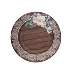 25 - Pack Paper 10" Round Dinner Plates in Brown Wood Print with Floral Lace Rim - Disposable Party Plates for Farmhouse Weddings & Rustic Themes - Bell Racket Store