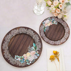 25 - Pack Paper 10" Round Dinner Plates in Brown Wood Print with Floral Lace Rim - Disposable Party Plates for Farmhouse Weddings & Rustic Themes - Bell Racket Store