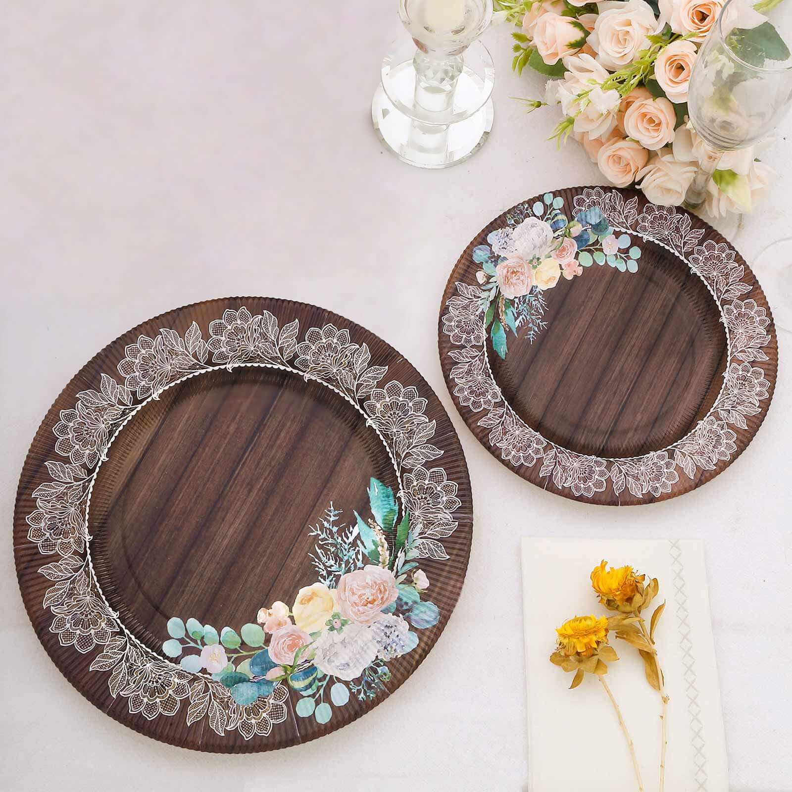 25 - Pack Paper 10" Round Dinner Plates in Brown Wood Print with Floral Lace Rim - Disposable Party Plates for Farmhouse Weddings & Rustic Themes - Bell Racket Store