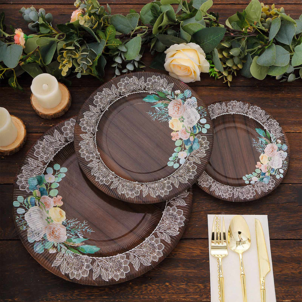 25 - Pack Paper 10" Round Dinner Plates in Brown Wood Print with Floral Lace Rim - Disposable Party Plates for Farmhouse Weddings & Rustic Themes - Bell Racket Store
