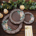 25 - Pack Paper 10" Round Dinner Plates in Brown Wood Print with Floral Lace Rim - Disposable Party Plates for Farmhouse Weddings & Rustic Themes - Bell Racket Store