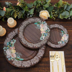 25 - Pack Paper 10" Round Dinner Plates in Brown Wood Print with Floral Lace Rim - Disposable Party Plates for Farmhouse Weddings & Rustic Themes - Bell Racket Store