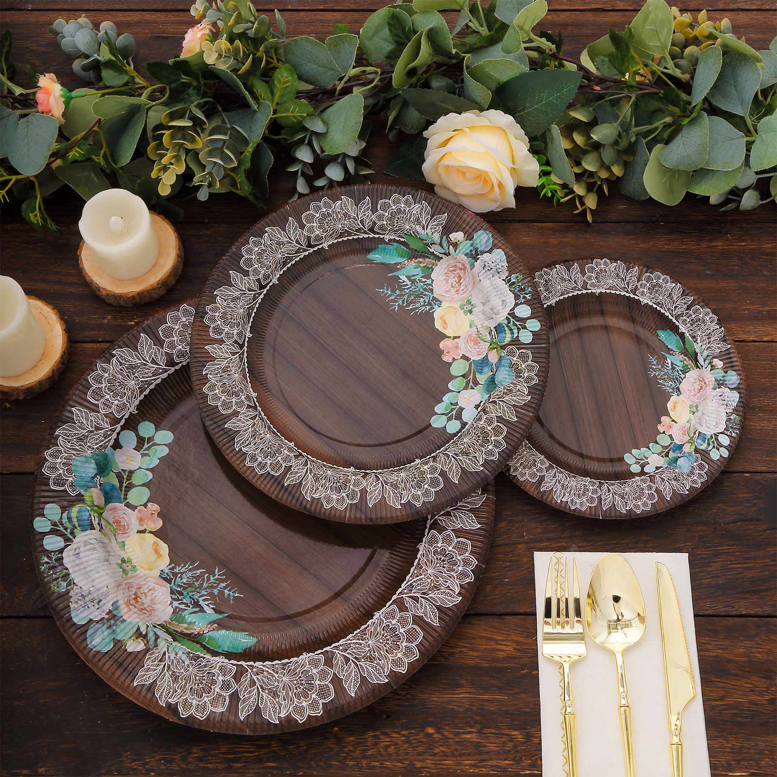25 - Pack Paper 10" Round Dinner Plates in Brown Wood Print with Floral Lace Rim - Disposable Party Plates for Farmhouse Weddings & Rustic Themes - Bell Racket Store