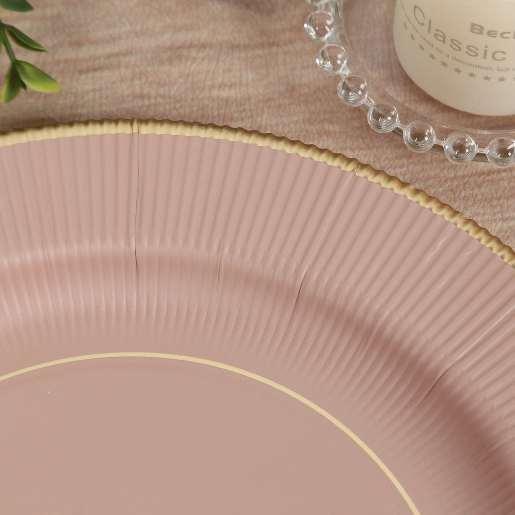 25 - Pack Paper 10" Round Dinner Plates in Dusty Rose Sunray Design with Gold Rim - Disposable Heavy Duty 350GSM Party Plates - Bell Racket Store