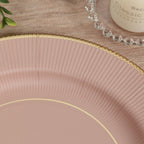 25 - Pack Paper 10" Round Dinner Plates in Dusty Rose Sunray Design with Gold Rim - Disposable Heavy Duty 350GSM Party Plates - Bell Racket Store