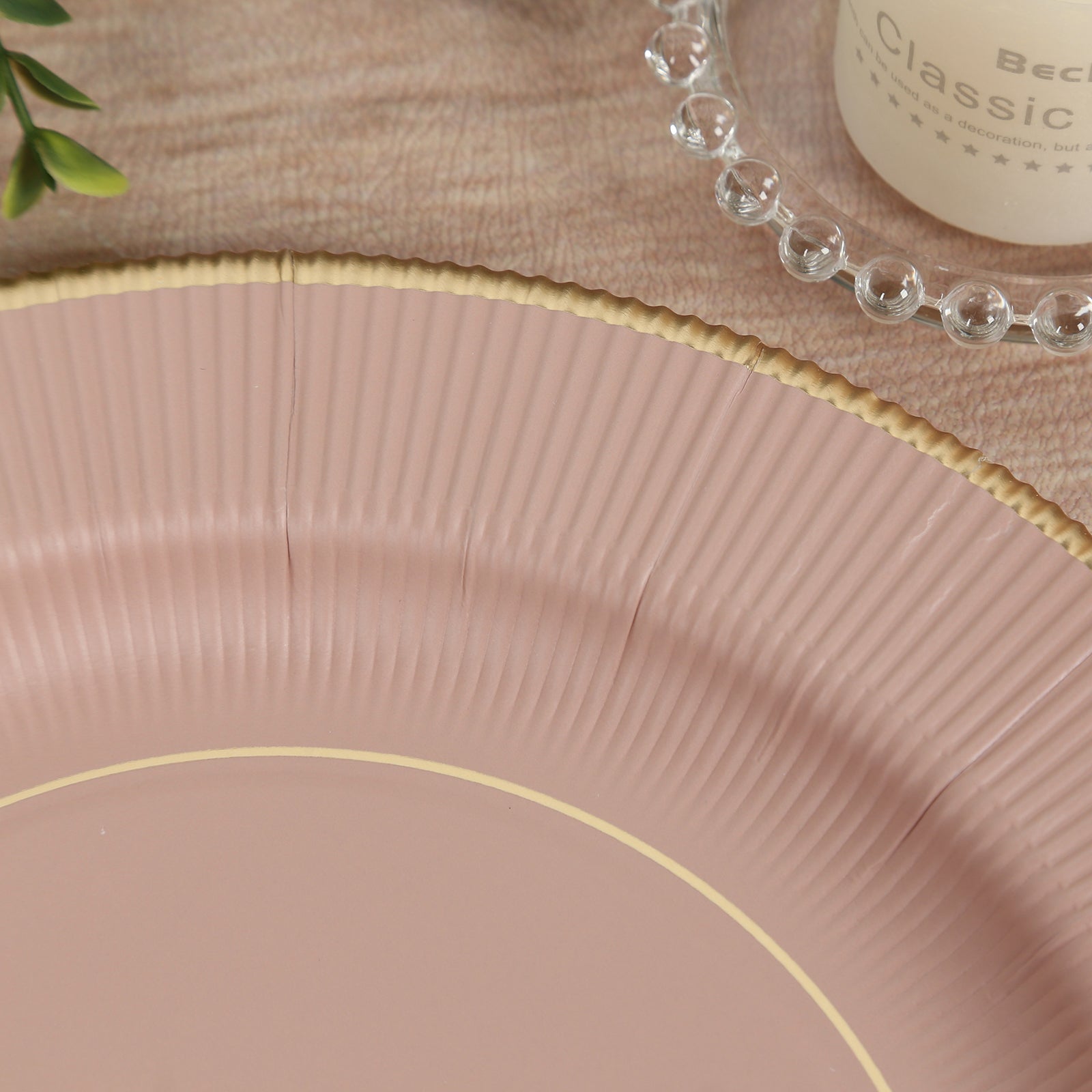 25 - Pack Paper 10" Round Dinner Plates in Dusty Rose Sunray Design with Gold Rim - Disposable Heavy Duty 350GSM Party Plates - Bell Racket Store