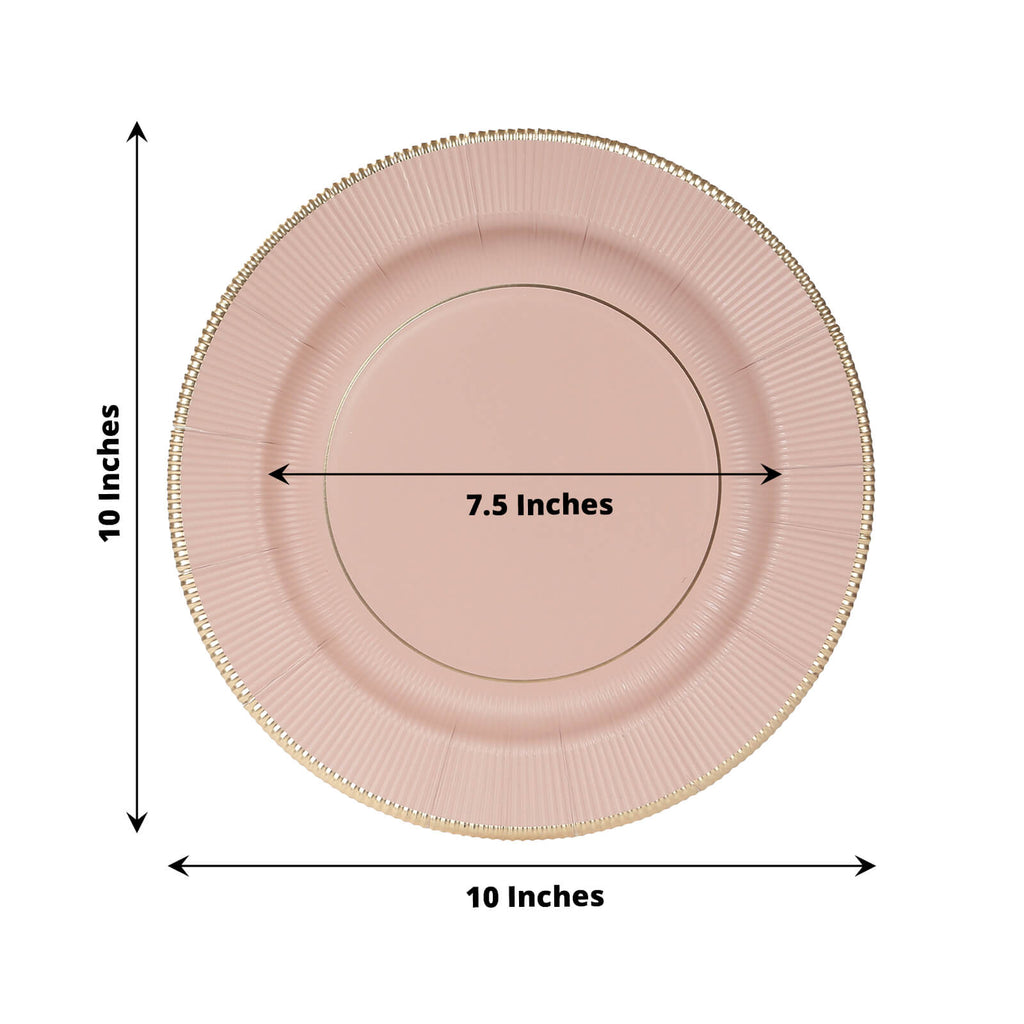 25 - Pack Paper 10" Round Dinner Plates in Dusty Rose Sunray Design with Gold Rim - Disposable Heavy Duty 350GSM Party Plates - Bell Racket Store