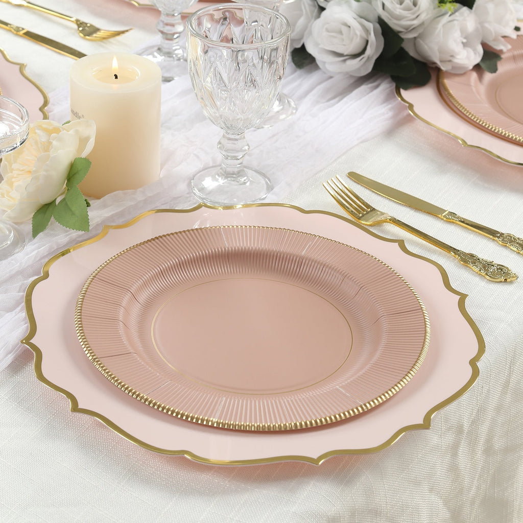 25 - Pack Paper 10" Round Dinner Plates in Dusty Rose Sunray Design with Gold Rim - Disposable Heavy Duty 350GSM Party Plates - Bell Racket Store