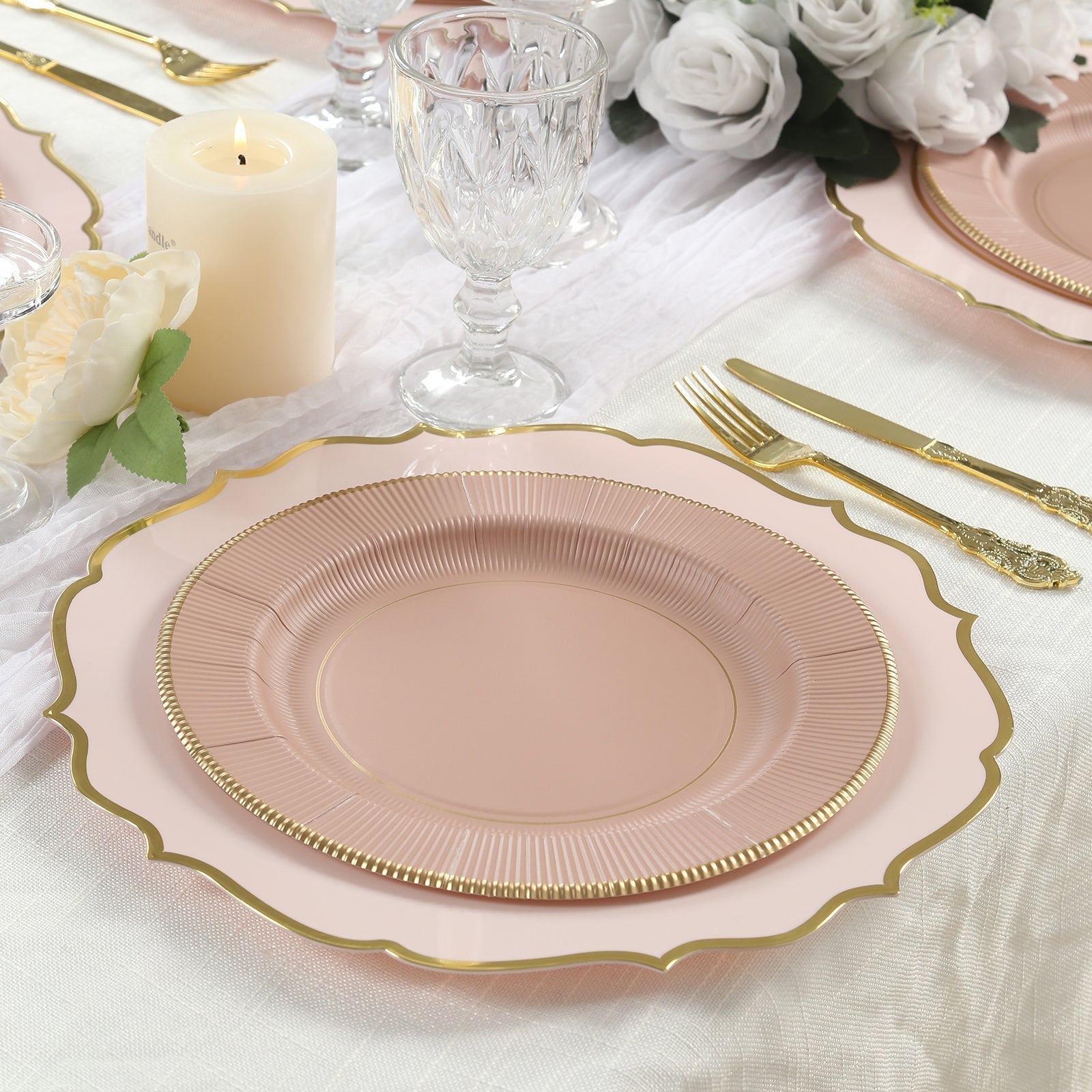 25 - Pack Paper 10" Round Dinner Plates in Dusty Rose Sunray Design with Gold Rim - Disposable Heavy Duty 350GSM Party Plates - Bell Racket Store