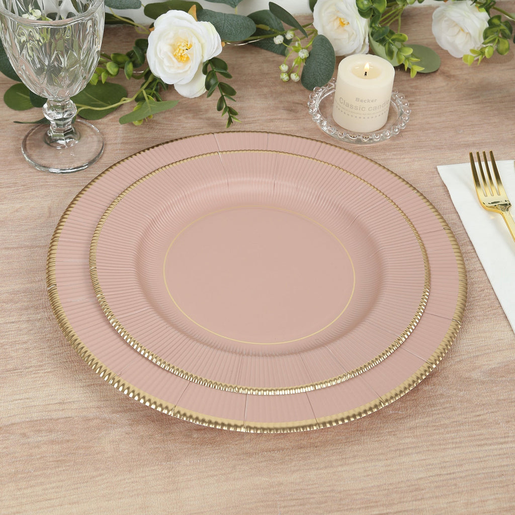 25 - Pack Paper 10" Round Dinner Plates in Dusty Rose Sunray Design with Gold Rim - Disposable Heavy Duty 350GSM Party Plates - Bell Racket Store