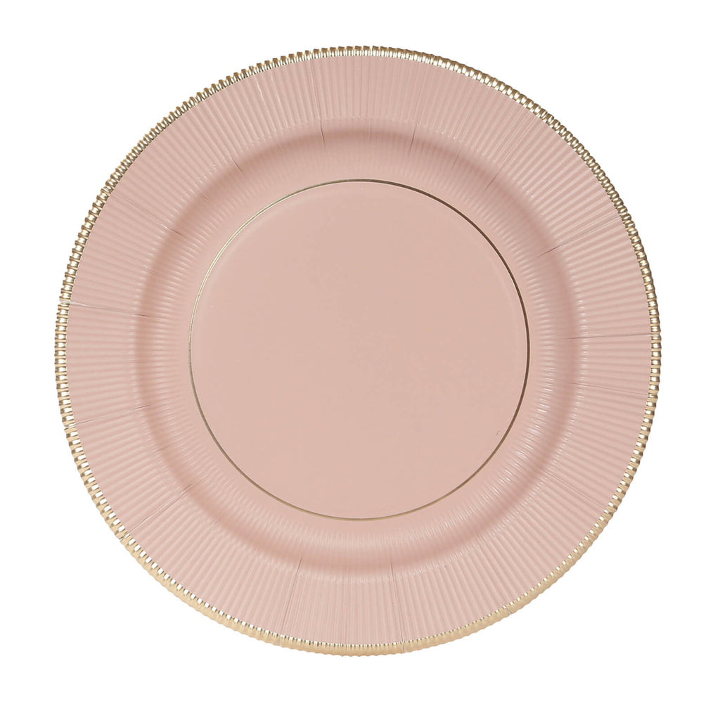 25 - Pack Paper 10" Round Dinner Plates in Dusty Rose Sunray Design with Gold Rim - Disposable Heavy Duty 350GSM Party Plates - Bell Racket Store