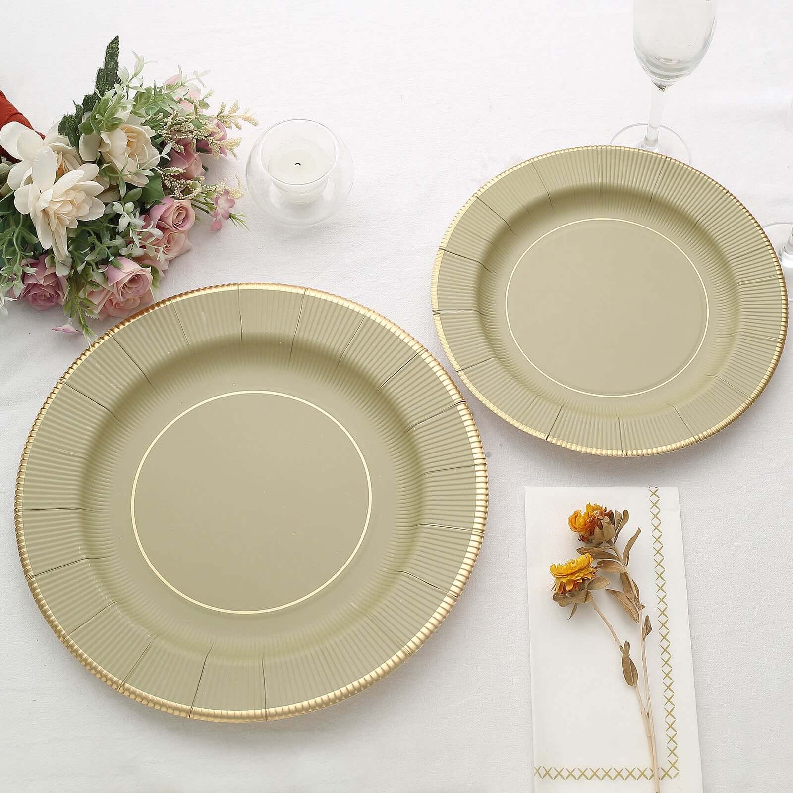 25 - Pack Paper 10" Round Dinner Plates in Khaki Sunray Design with Gold Rim - Disposable Heavy Duty 350GSM Party Plates - Bell Racket Store