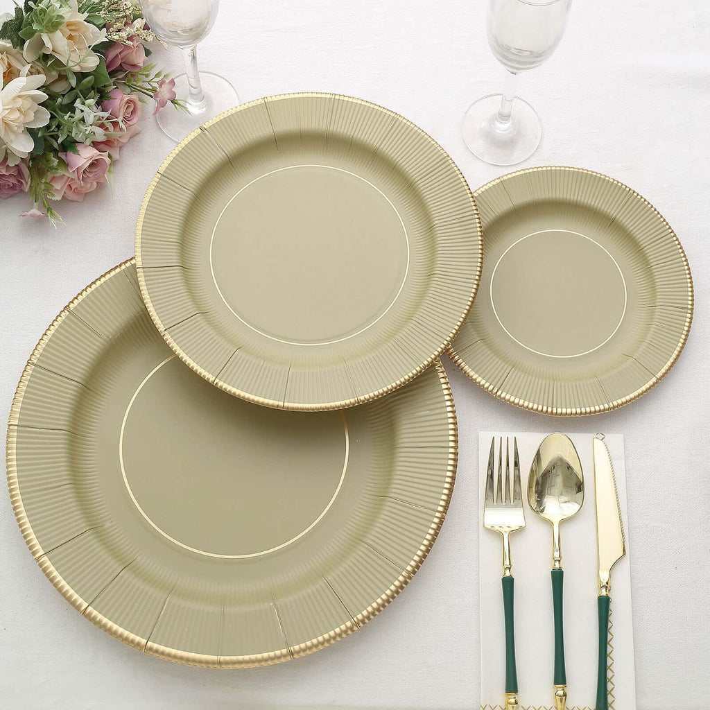 25 - Pack Paper 10" Round Dinner Plates in Khaki Sunray Design with Gold Rim - Disposable Heavy Duty 350GSM Party Plates - Bell Racket Store