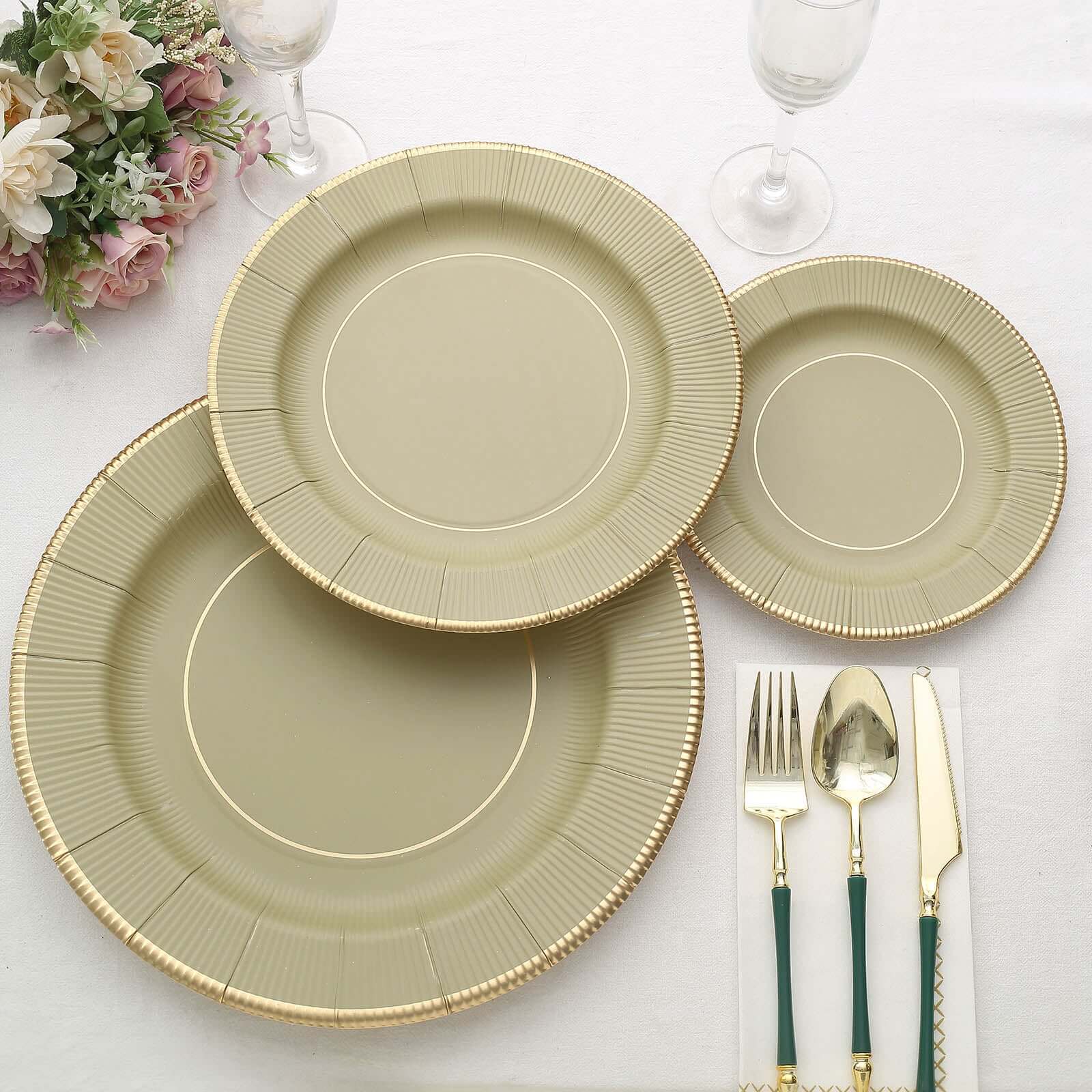 25 - Pack Paper 10" Round Dinner Plates in Khaki Sunray Design with Gold Rim - Disposable Heavy Duty 350GSM Party Plates - Bell Racket Store