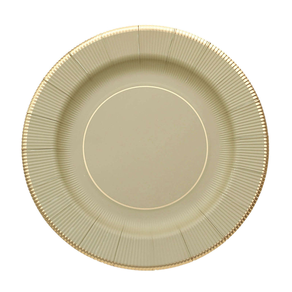 25 - Pack Paper 10" Round Dinner Plates in Khaki Sunray Design with Gold Rim - Disposable Heavy Duty 350GSM Party Plates - Bell Racket Store