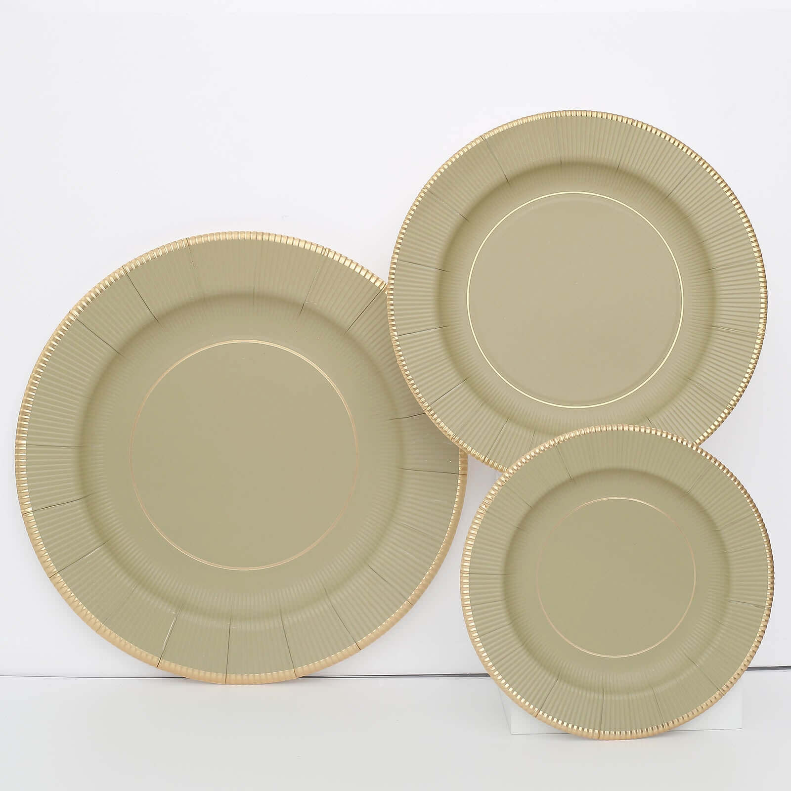 25 - Pack Paper 10" Round Dinner Plates in Khaki Sunray Design with Gold Rim - Disposable Heavy Duty 350GSM Party Plates - Bell Racket Store