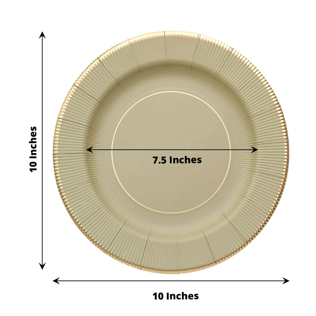 25 - Pack Paper 10" Round Dinner Plates in Khaki Sunray Design with Gold Rim - Disposable Heavy Duty 350GSM Party Plates - Bell Racket Store