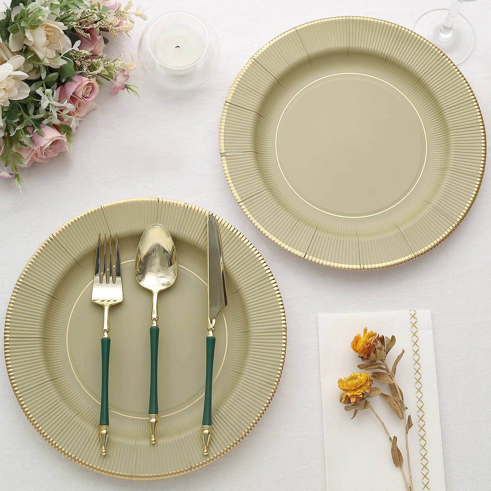 25 - Pack Paper 10" Round Dinner Plates in Khaki Sunray Design with Gold Rim - Disposable Heavy Duty 350GSM Party Plates - Bell Racket Store