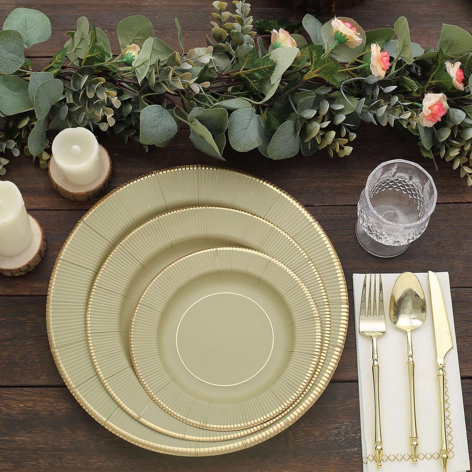 25 - Pack Paper 10" Round Dinner Plates in Khaki Sunray Design with Gold Rim - Disposable Heavy Duty 350GSM Party Plates - Bell Racket Store