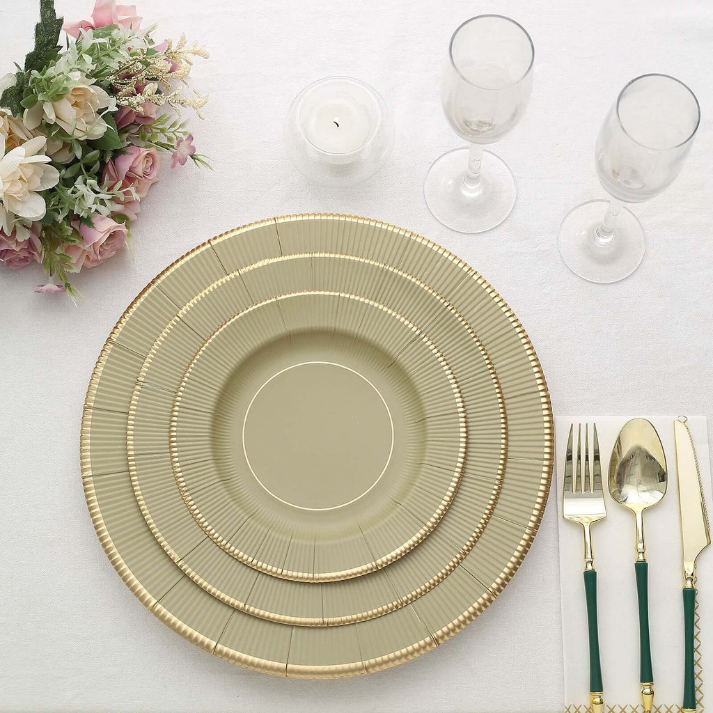 25 - Pack Paper 10" Round Dinner Plates in Khaki Sunray Design with Gold Rim - Disposable Heavy Duty 350GSM Party Plates - Bell Racket Store