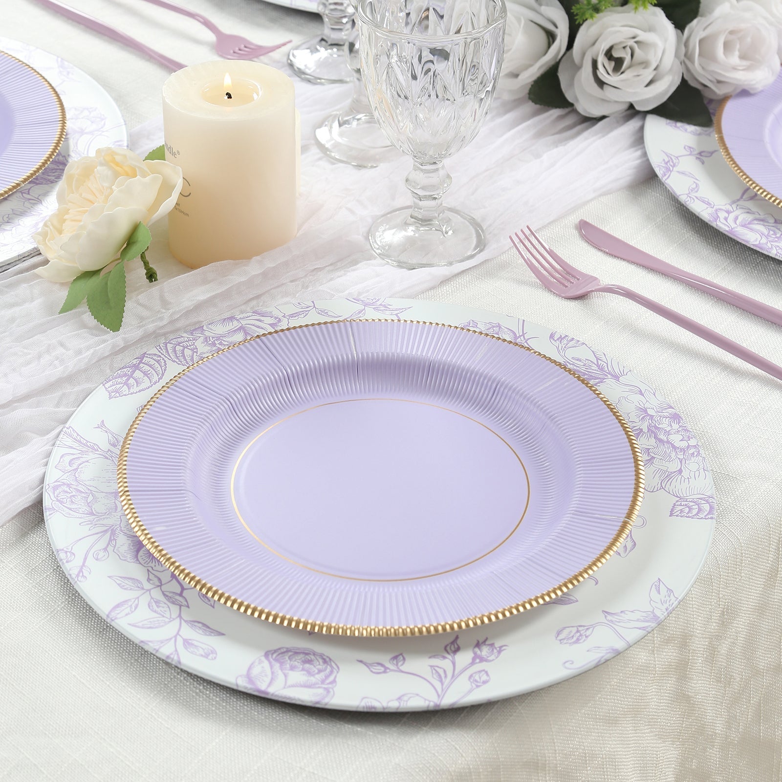 25 - Pack Paper 10" Round Dinner Plates in Lavender Lilac Sunray Design with Gold Rim - Disposable Heavy Duty 350GSM Party Plates - Bell Racket Store