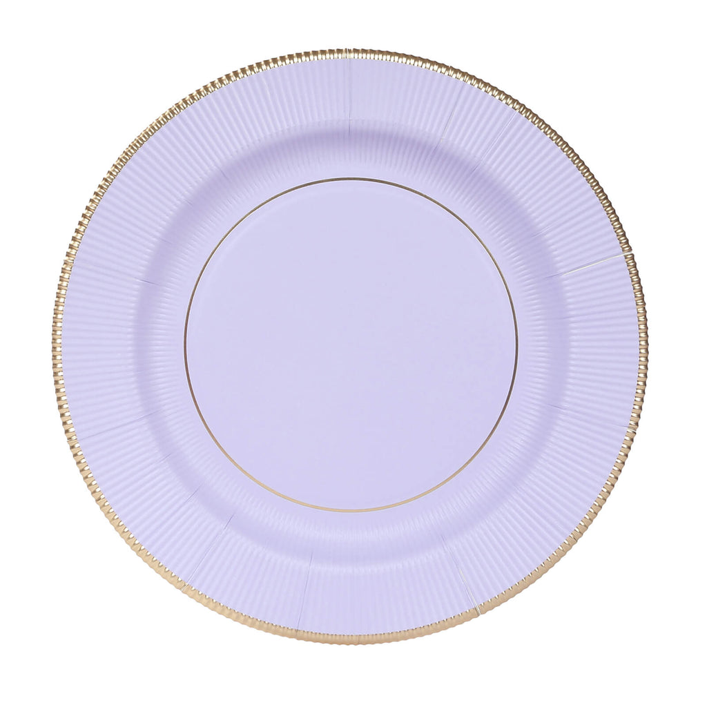 25 - Pack Paper 10" Round Dinner Plates in Lavender Lilac Sunray Design with Gold Rim - Disposable Heavy Duty 350GSM Party Plates - Bell Racket Store