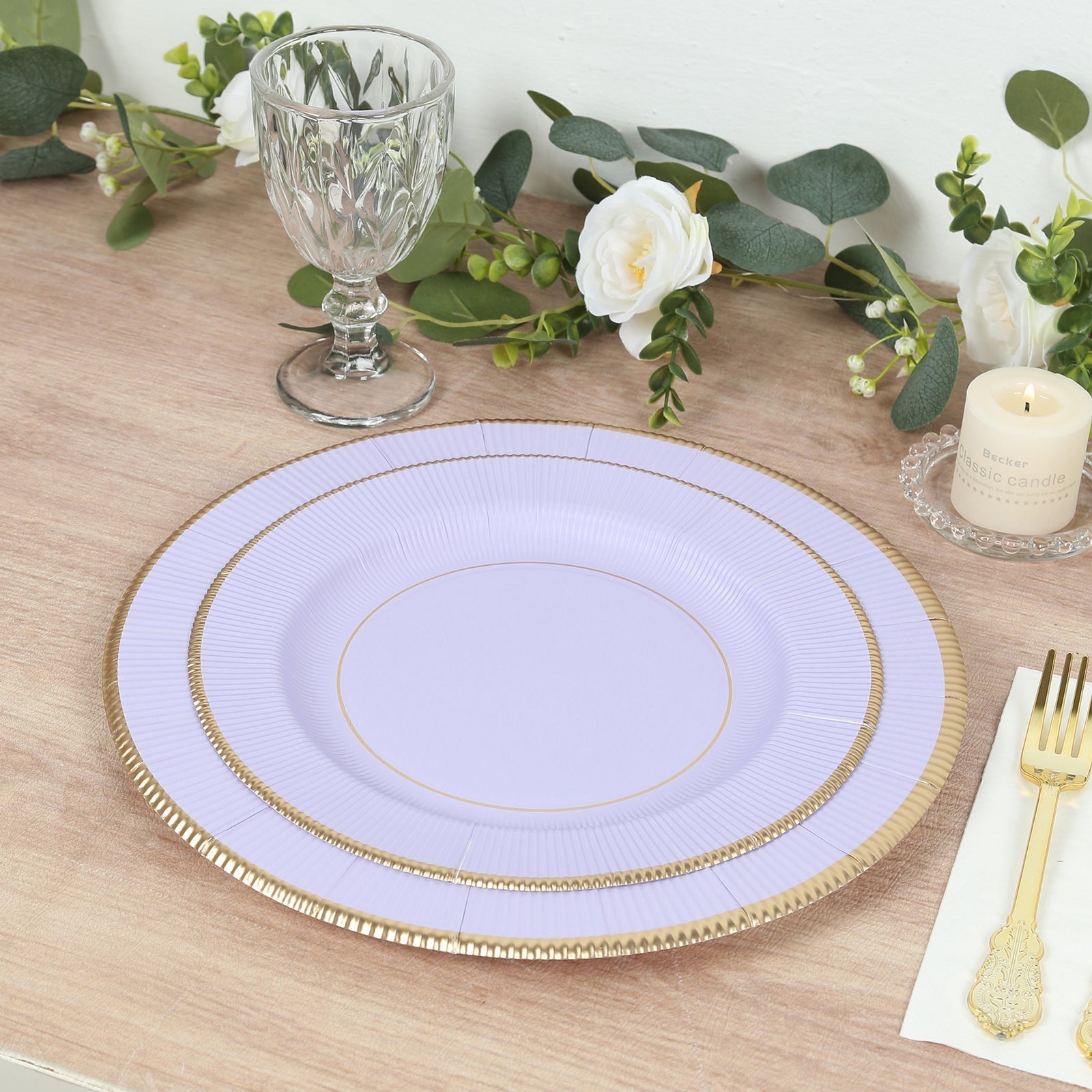 25 - Pack Paper 10" Round Dinner Plates in Lavender Lilac Sunray Design with Gold Rim - Disposable Heavy Duty 350GSM Party Plates - Bell Racket Store