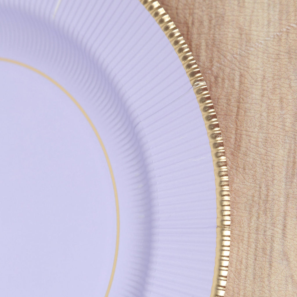 25 - Pack Paper 10" Round Dinner Plates in Lavender Lilac Sunray Design with Gold Rim - Disposable Heavy Duty 350GSM Party Plates - Bell Racket Store