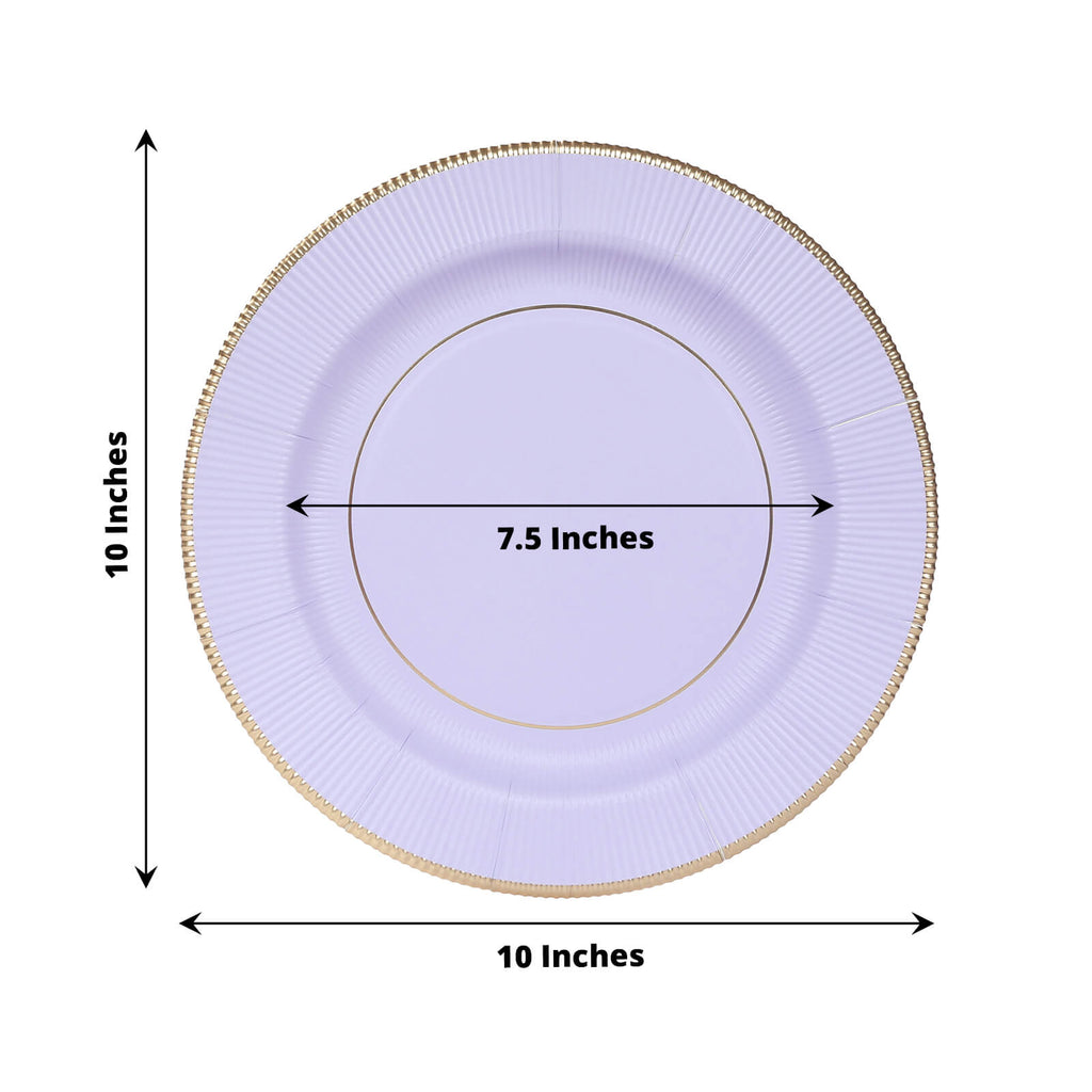 25 - Pack Paper 10" Round Dinner Plates in Lavender Lilac Sunray Design with Gold Rim - Disposable Heavy Duty 350GSM Party Plates - Bell Racket Store