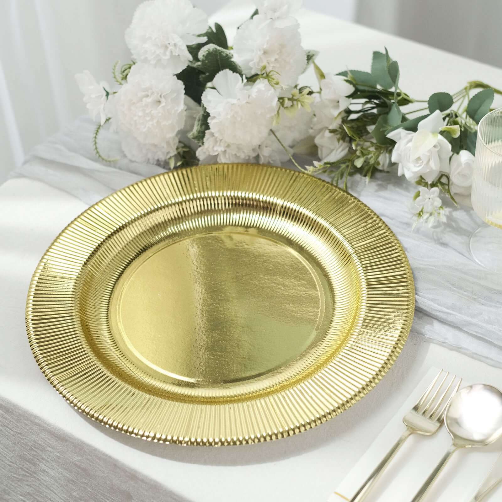 25 - Pack Paper 10" Round Dinner Plates in Metallic Gold Sunray Design - Disposable Heavy Duty 350GSM Party Plates - Bell Racket Store
