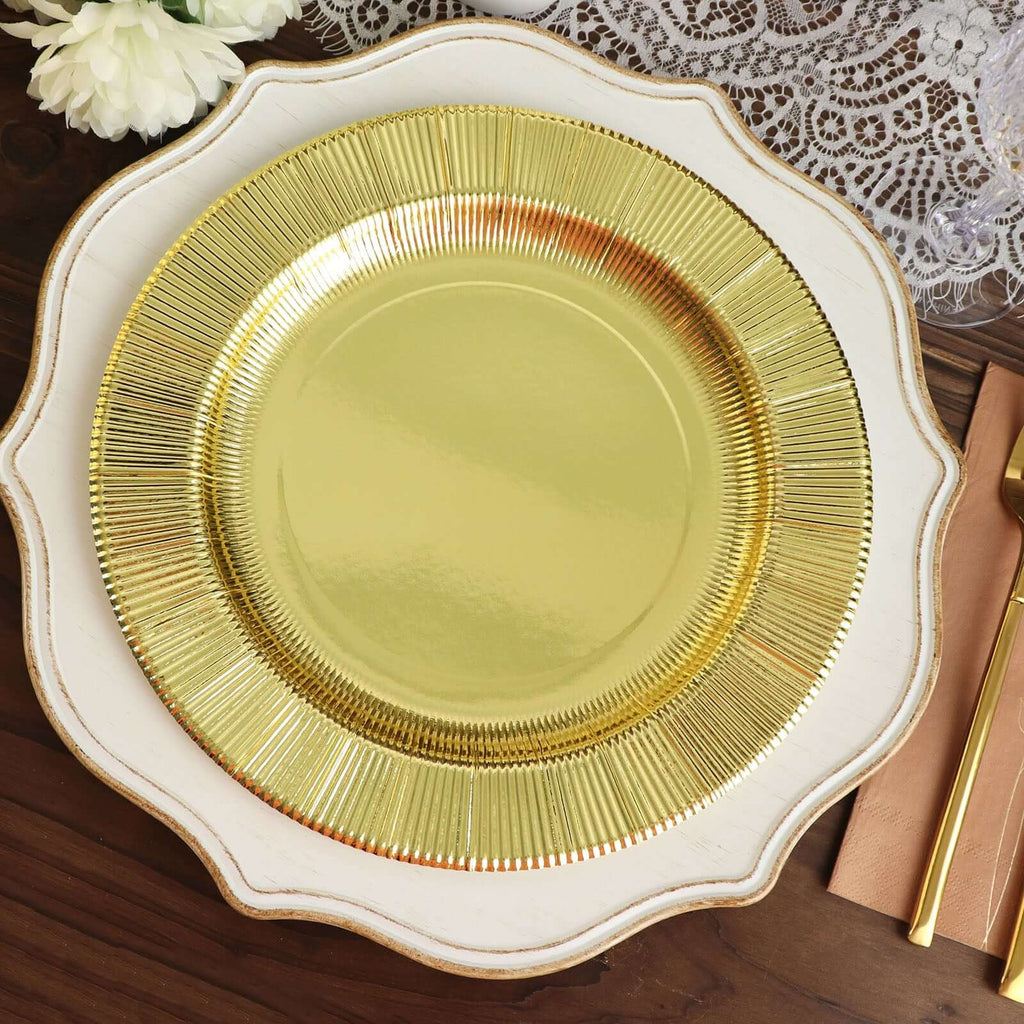 25 - Pack Paper 10" Round Dinner Plates in Metallic Gold Sunray Design - Disposable Heavy Duty 350GSM Party Plates - Bell Racket Store