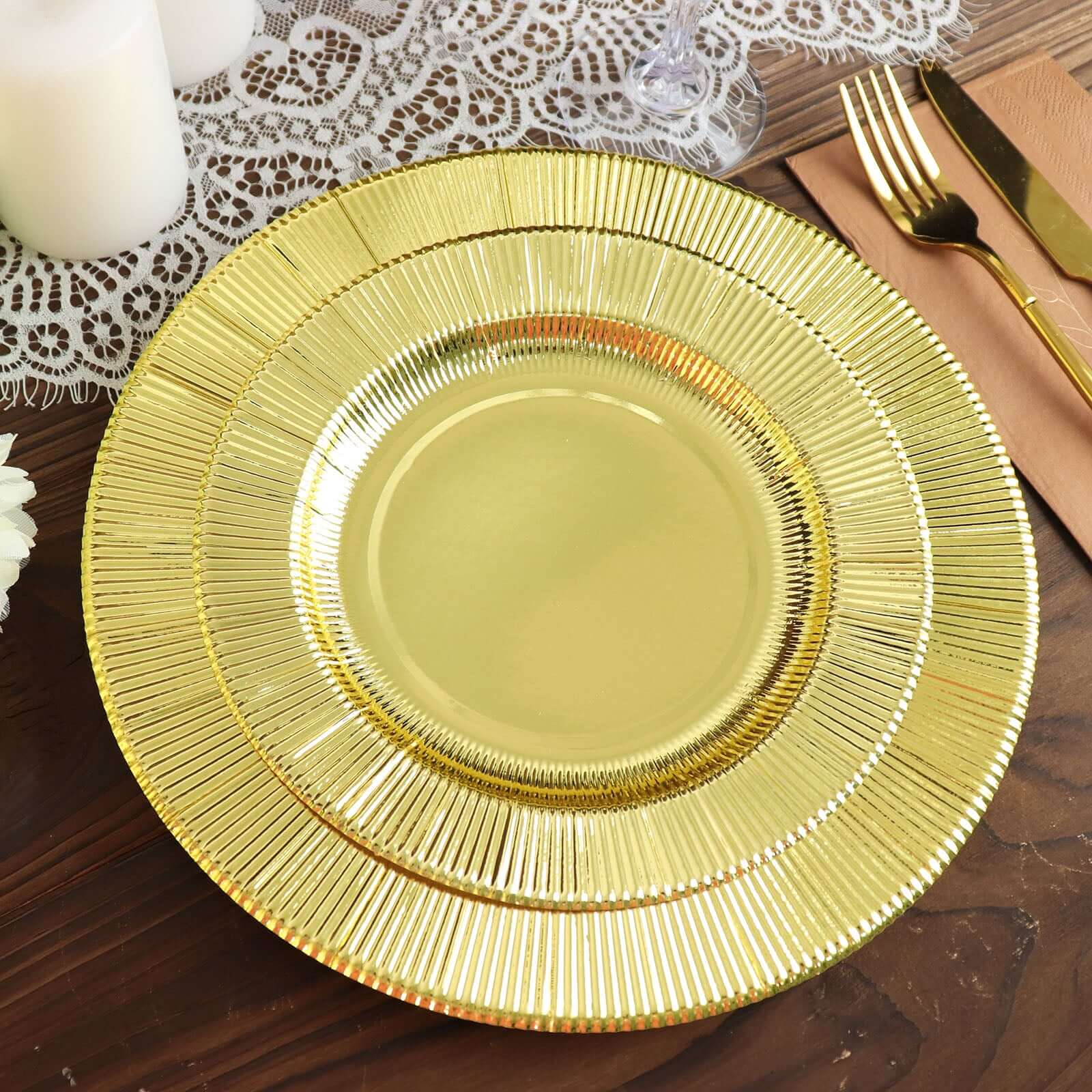 25 - Pack Paper 10" Round Dinner Plates in Metallic Gold Sunray Design - Disposable Heavy Duty 350GSM Party Plates - Bell Racket Store