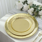 25 - Pack Paper 10" Round Dinner Plates in Metallic Gold Sunray Design - Disposable Heavy Duty 350GSM Party Plates - Bell Racket Store