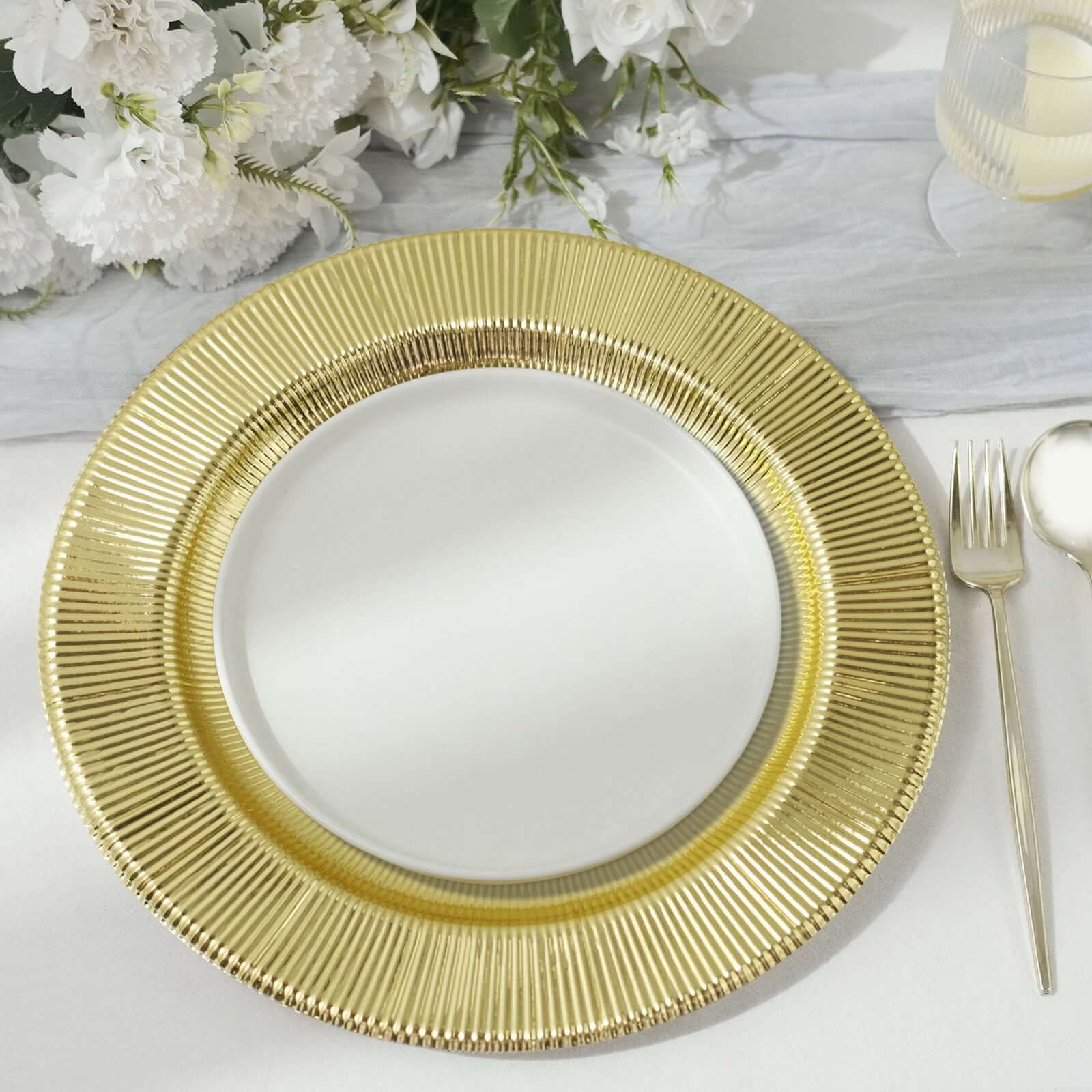 25 - Pack Paper 10" Round Dinner Plates in Metallic Gold Sunray Design - Disposable Heavy Duty 350GSM Party Plates - Bell Racket Store